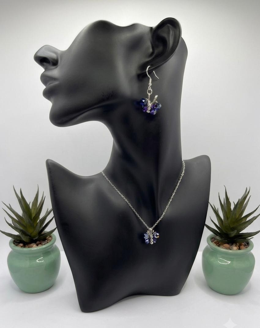 Boucles d'oreilles acier inoxydable Papillon cristal bleu fait main