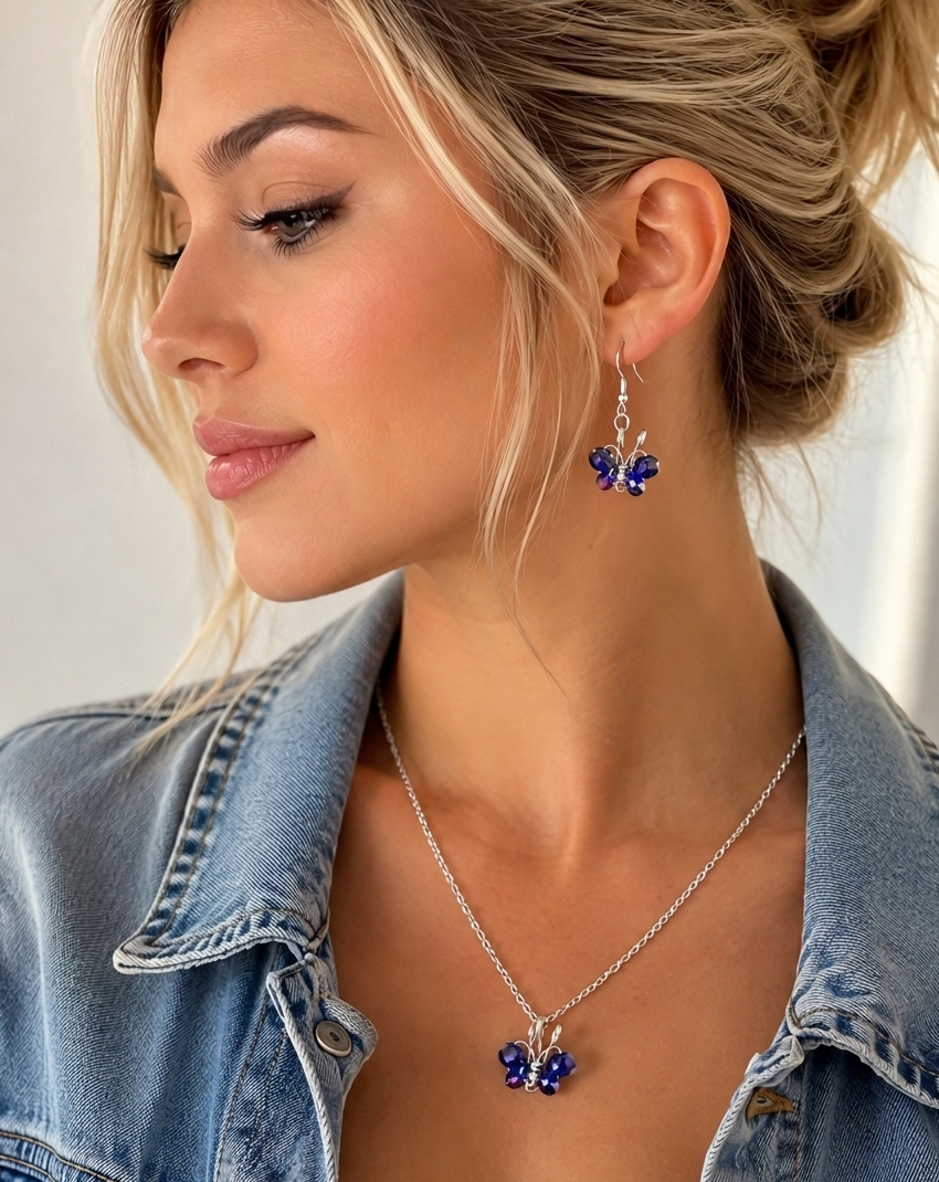 Boucles d'oreilles acier inoxydable Papillon cristal bleu fait main