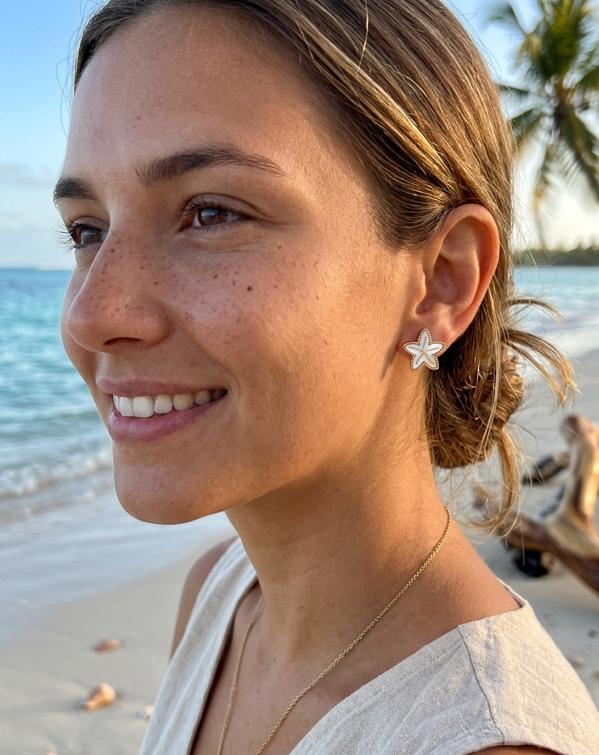 Boucles de d'oreilles acier inoxydable étoile de mer en nacre