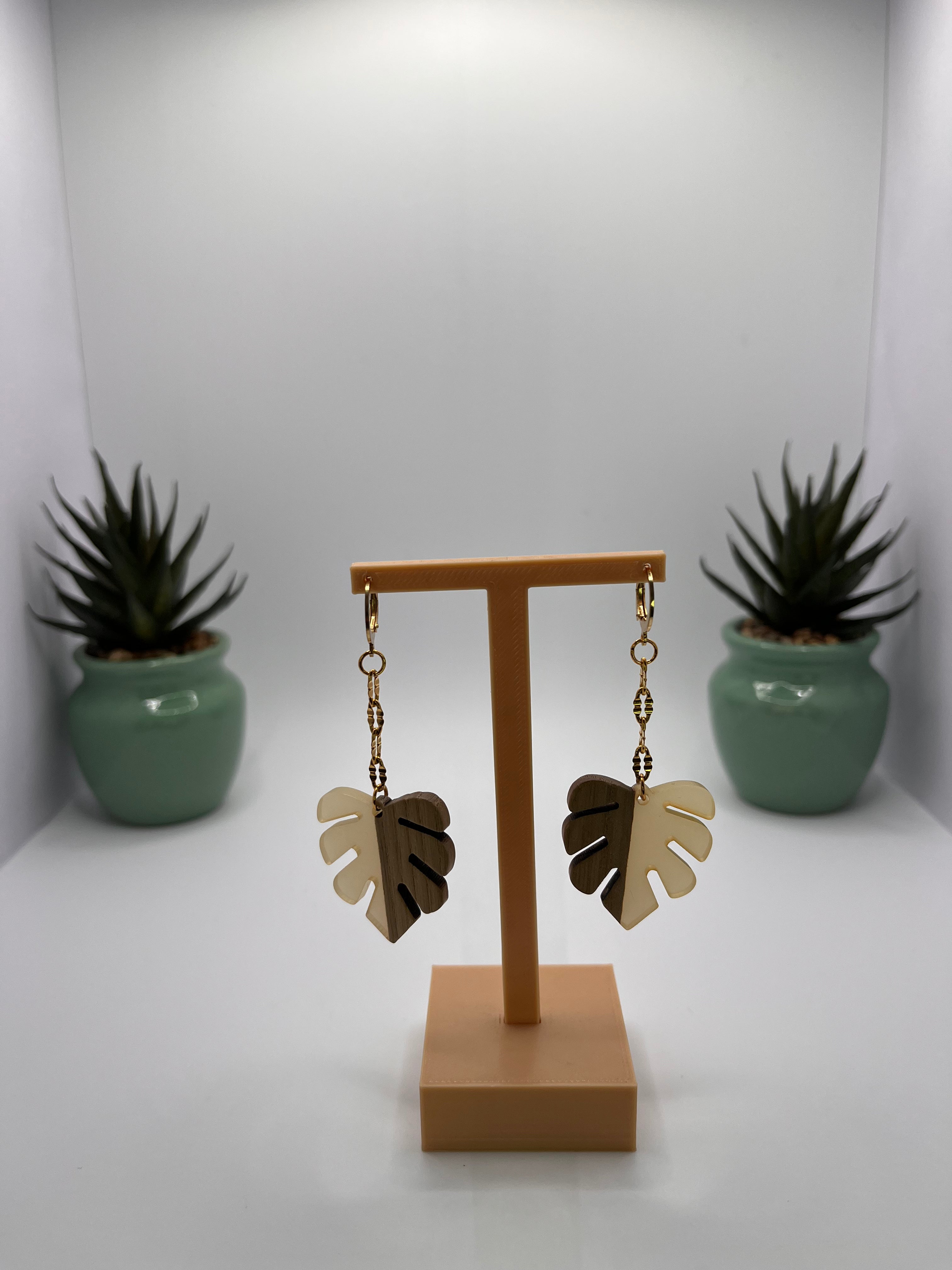 boucles d'oreilles fait main acier inoxydable feuille