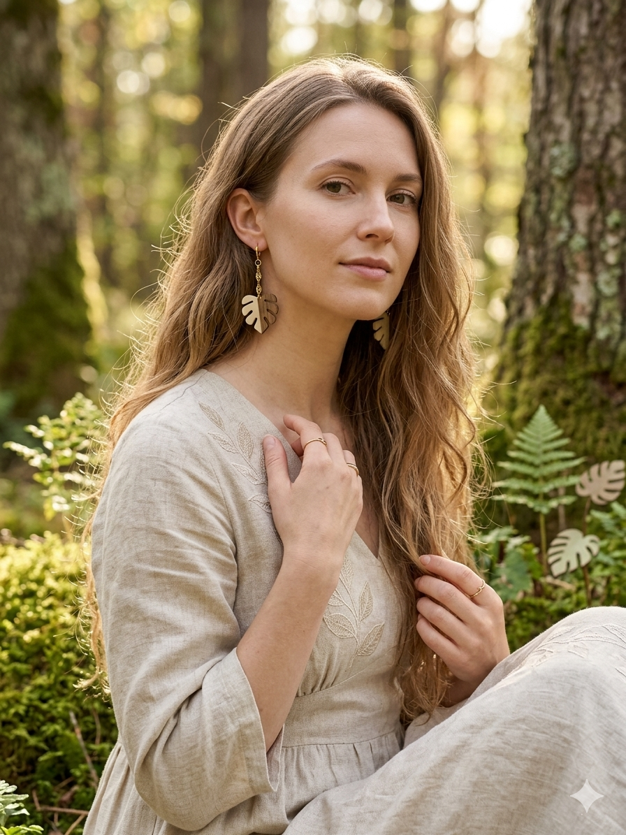 boucles d'oreilles fait main acier inoxydable feuille
