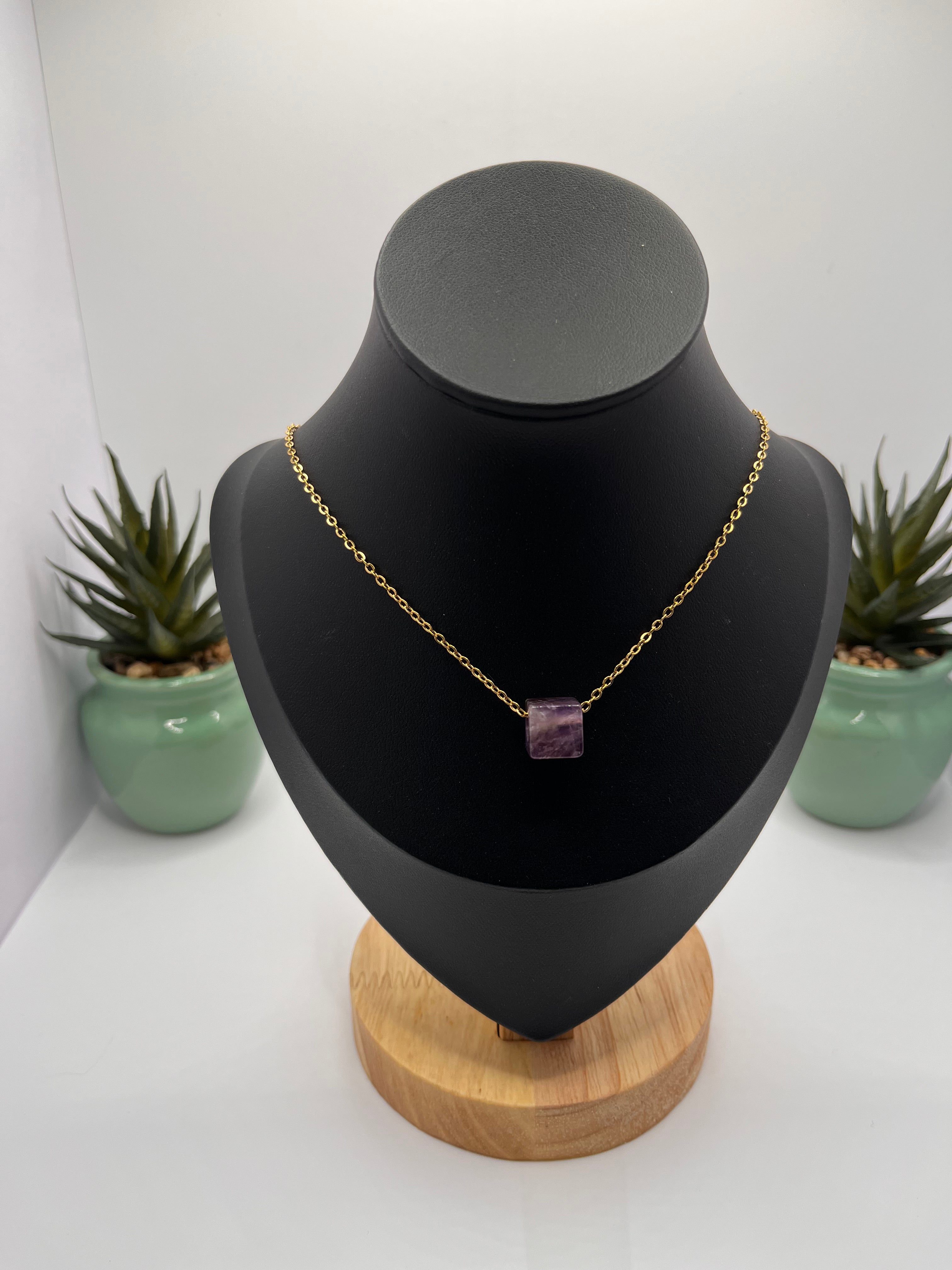Collier pierre d'améthyste en acier inoxydable