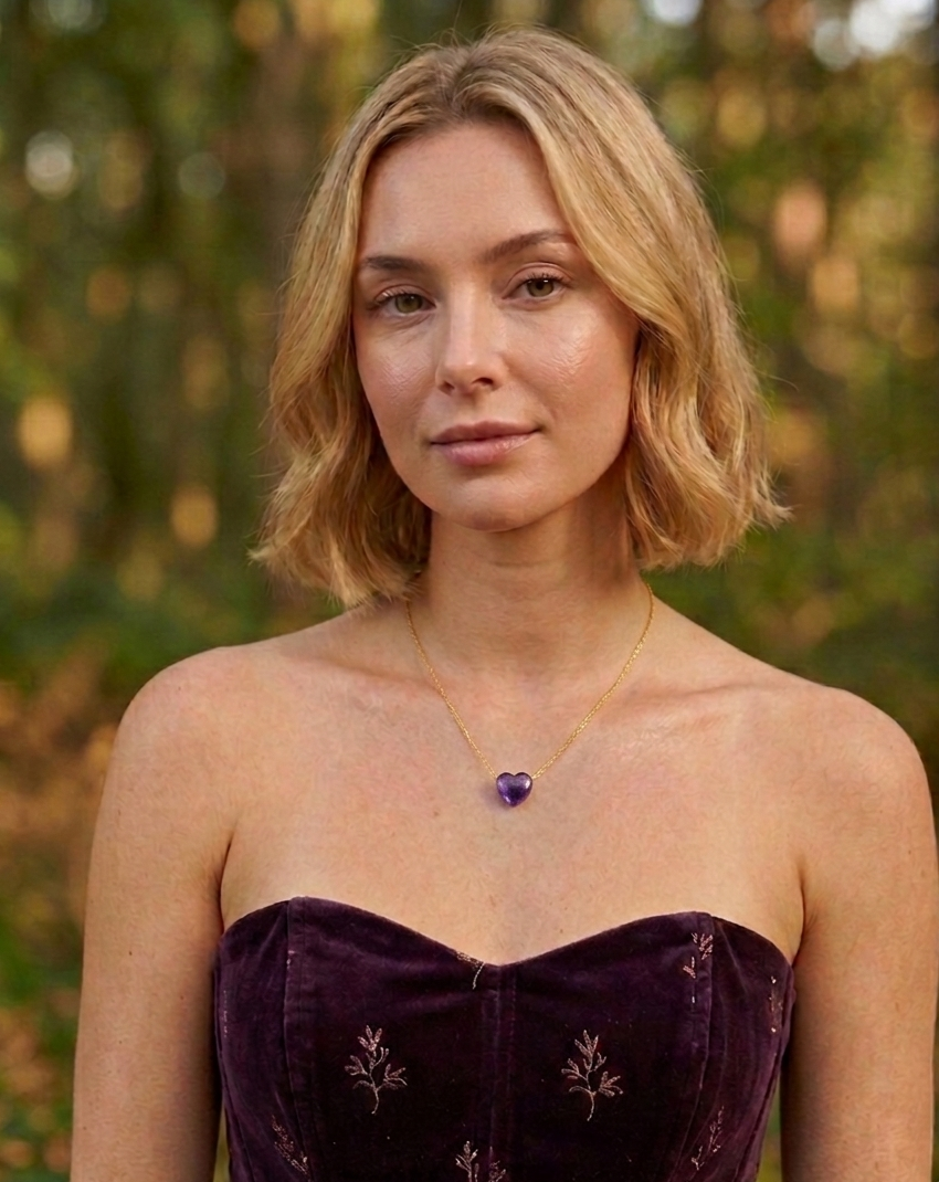 Collier pierre Améthyste coeur chaîne acier inoxydable