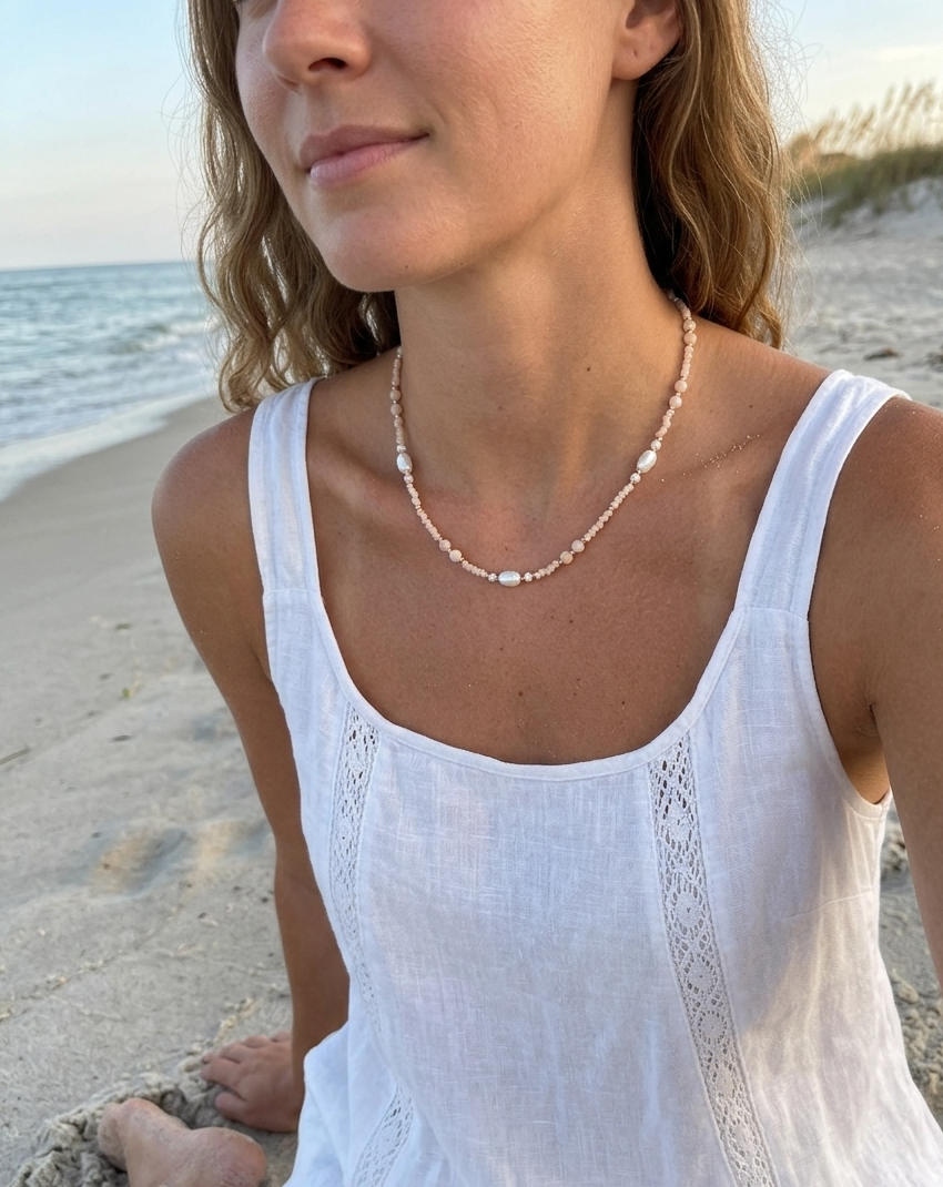 Collier perles et cristaux en acier inoxydable