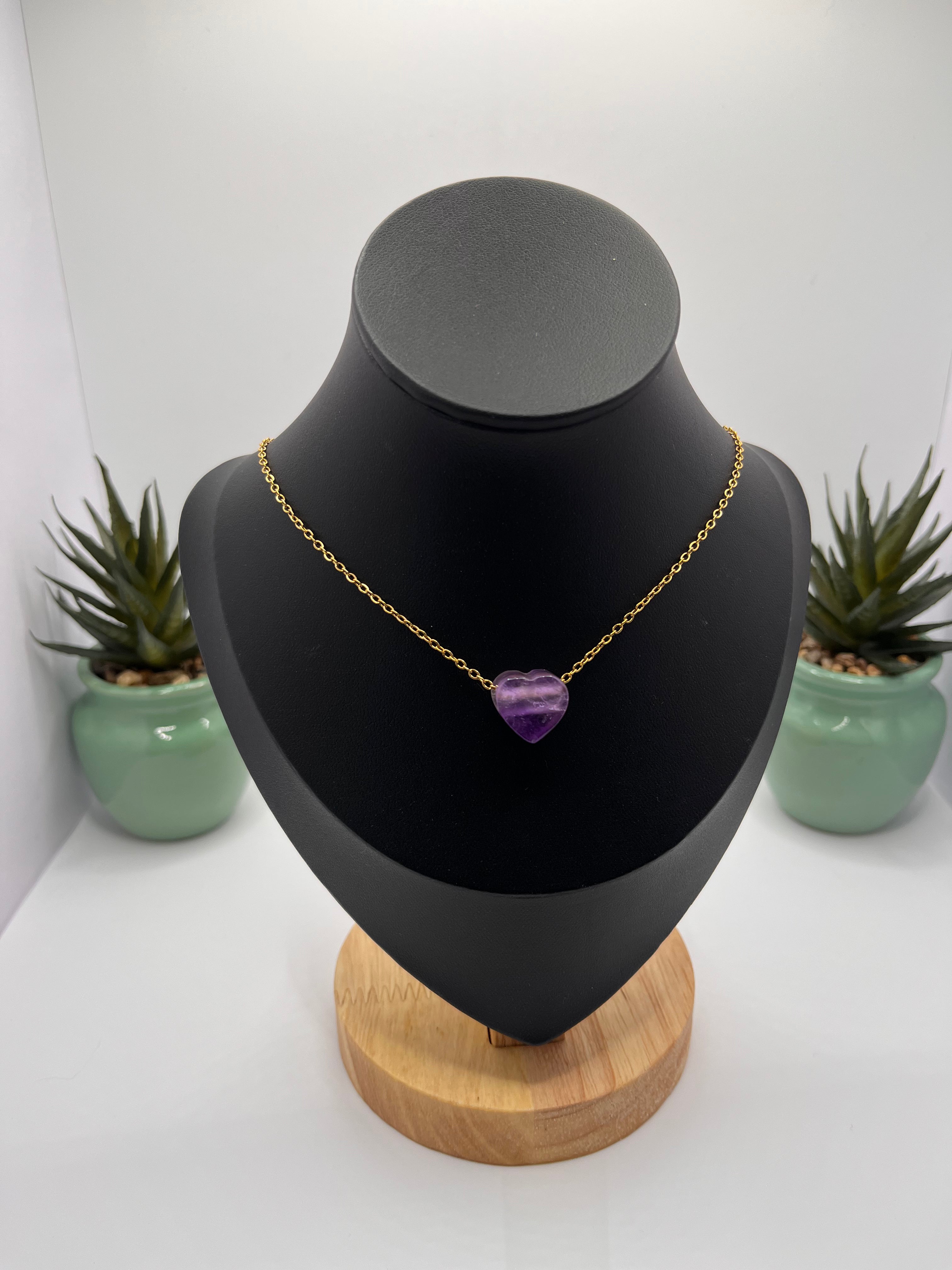 Collier pierre Améthyste coeur chaîne acier inoxydable